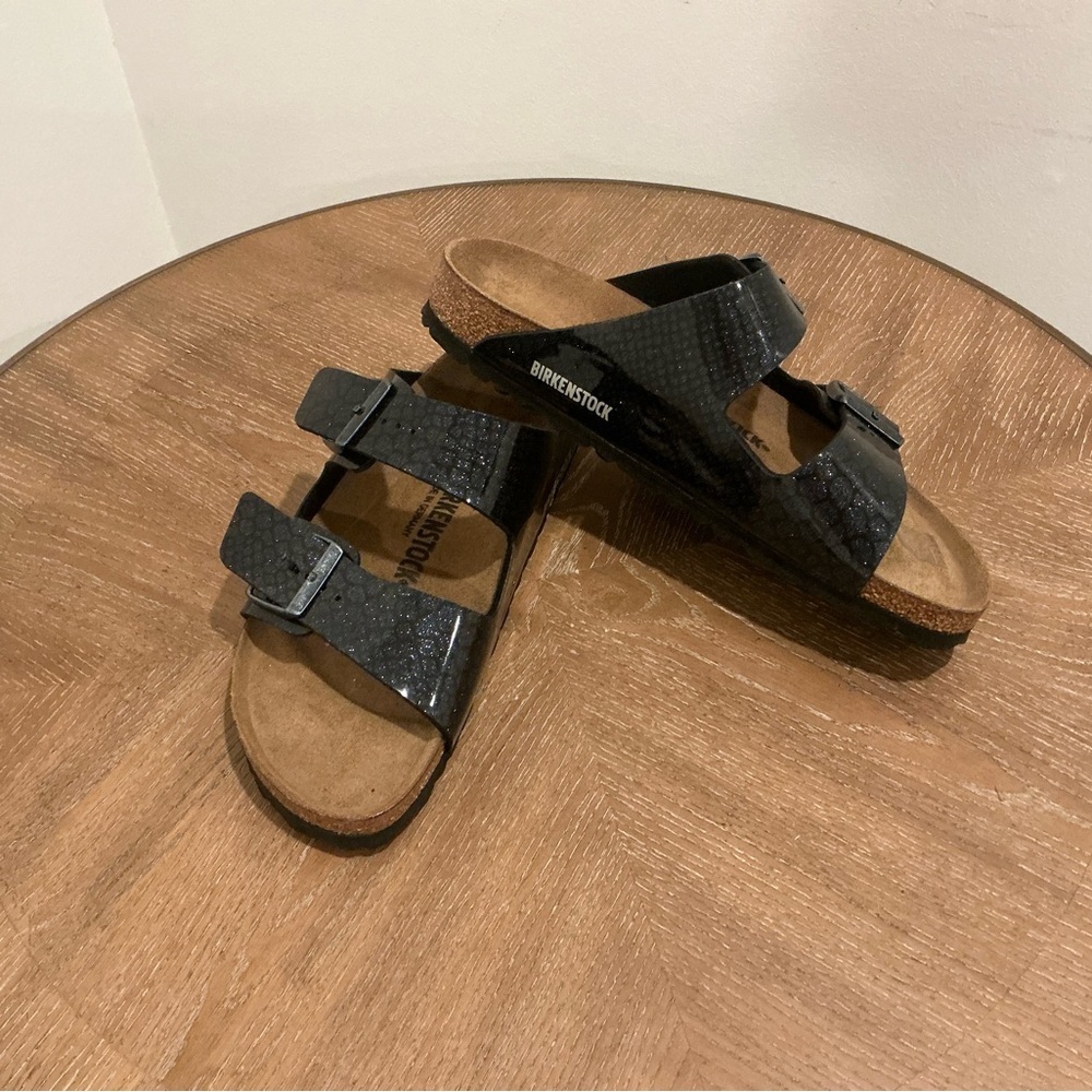 Birkenstock Arizona Double Buckle Sandals Blue Black Glitter Birkoflor Sz 10 NEW - Picture 3 of 4